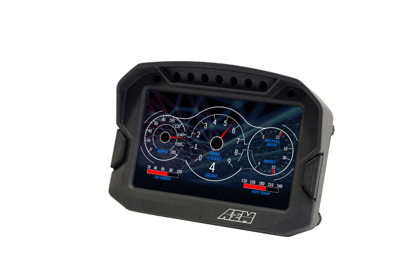 AEM CD-5LG Carbon Logging Digital Dash Display with internal 10Hz GPS and antenna, showing digital gauges for vehicle data.