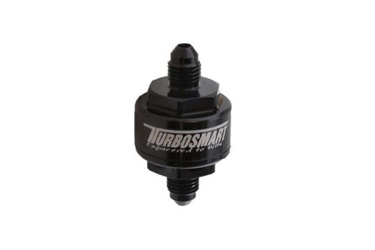 Turbosmart billet turbo oil feed filter with 44 micron pleated disc, black AN-3 male inlet, for automotive turbo oil systems