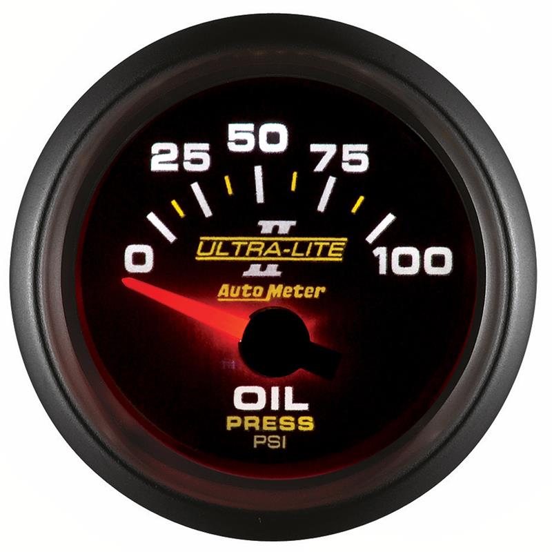AutoMeter Ultra-Lite II 52mm electrical oil pressure gauge showing 0-100 PSI with black face and silver bezel.