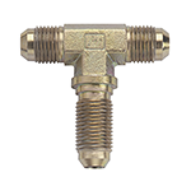 Fragola Steel -3AN Bulkhead Tee fitting with threaded ends, designed for high-performance fluid connections in automotive and industrial applications.