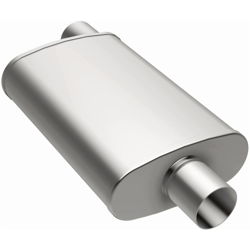 MagnaFlow MAG 409SS muffler with 5x11x22 inch size, stainless steel construction, and 3.5-inch inlet and outlet pipes.