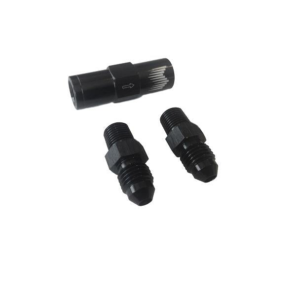 Snow Performance high flow 4AN water check valve fittings with stainless steel braided line for automotive cooling systems.