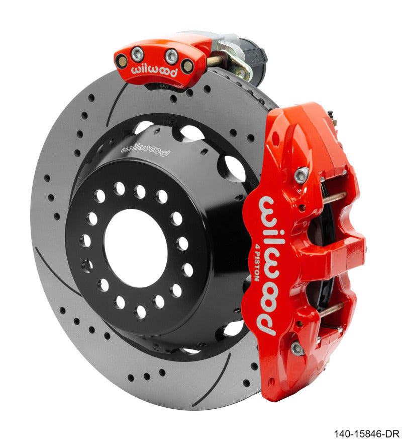 Wilwood Big Brake Kit with 14-inch Aero4 rotor and SRP red calipers for Ford, featuring narrow Superlite 4R rear P-brake assembly.