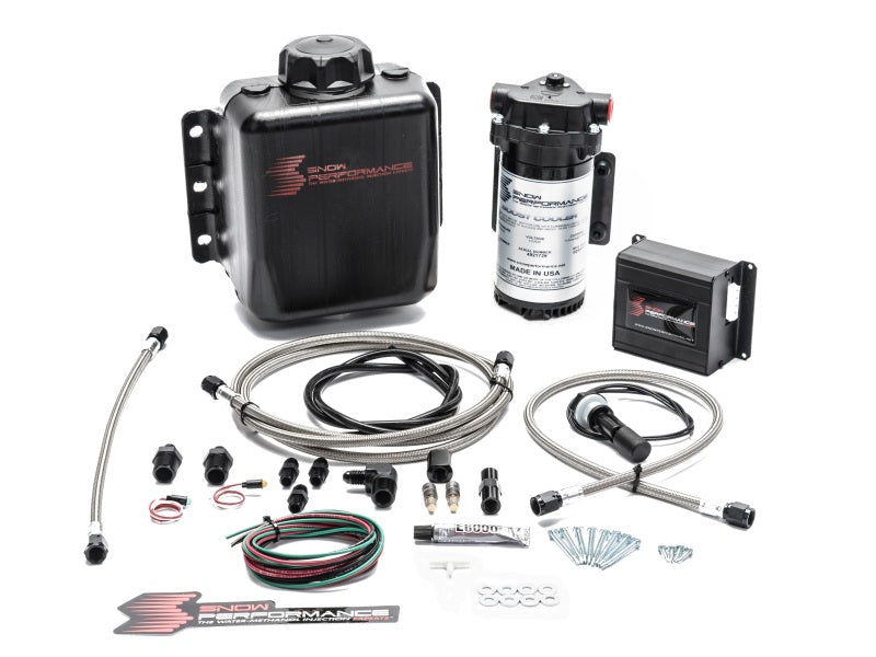 Snow Performance Stg 2 Boost Cooler water meth kit with SS braid line and 4AN fittings, designed for engine water injection systems.