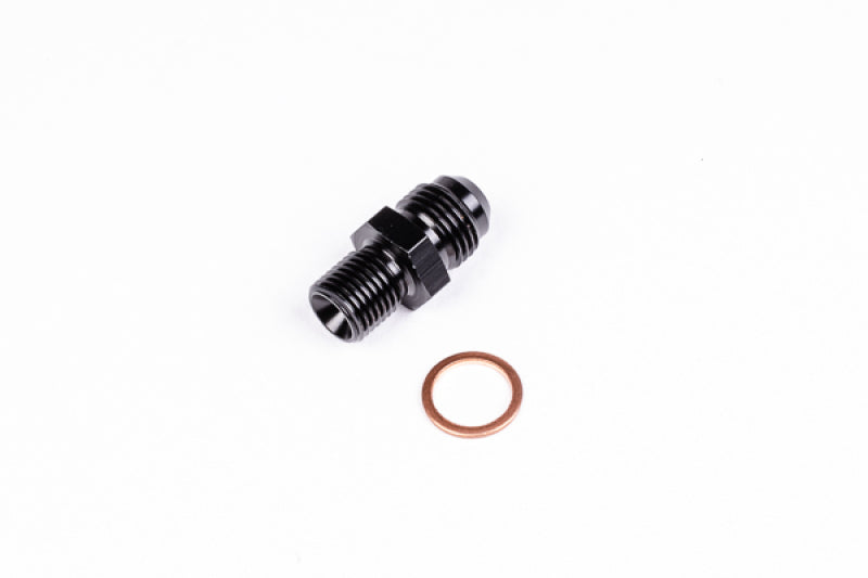 Radium Engineering 6AN male to M12x1.25 male fitting showing metal fittings with threaded ends for automotive or racing applications.