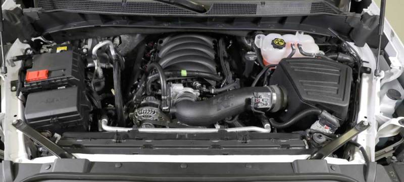 K&N Engineering cold air intake for 2019 Chevrolet GMC 1500 V8-5.3/6.2L engine, showing the performance air filter and intake tube.