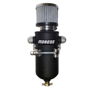 Moroso 10AN male fittings catch can breather tank with black powder coat finish for oil catch can system.