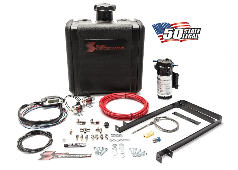 Snow Performance Stage 3 Boost Cooler water injection kit with red high-temp tubing and quick fittings for enhanced engine cooling.