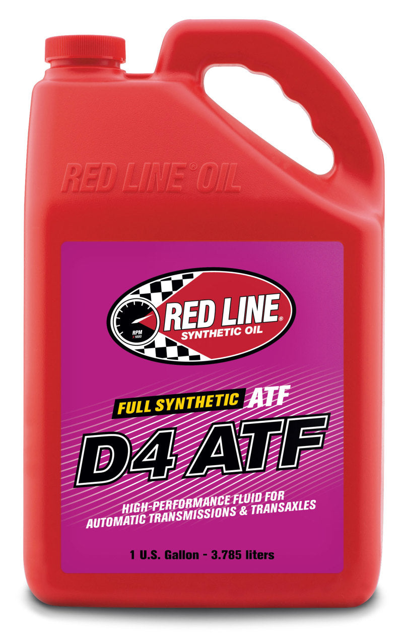 Red Line D4 ATF gear oil gallon container, high-performance transmission fluid with red liquid visible in the image.