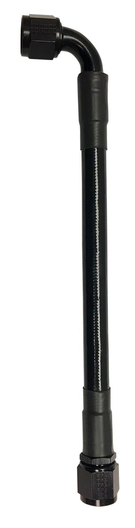 Fragola -6AN black PTFE hose assembly with straight and 90-degree fittings, 20-inch length, durable automotive fluid transfer hose.