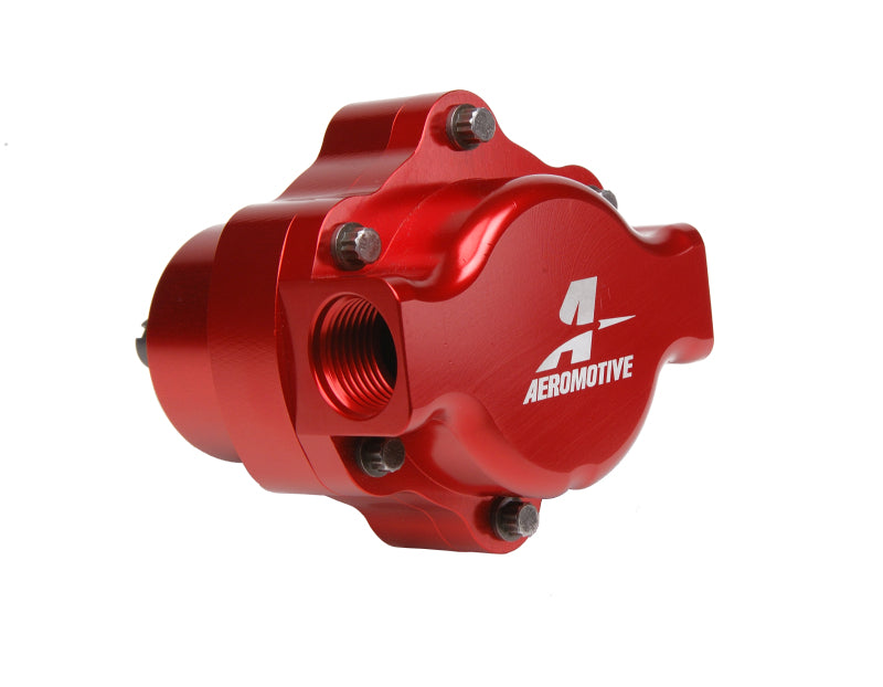 Aeromotive billet belt drive fuel pump with polished metal finish, compact design, and mounting bracket for automotive fuel system.