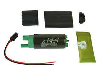 AEM 340LPH in-tank fuel pump kit with ethanol compatibility, shown installed in a vehicle's fuel tank system.