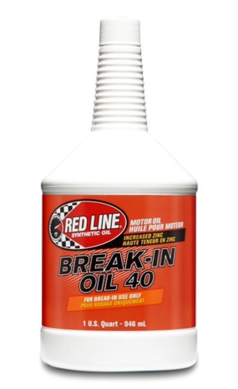 Red Line motor oil quart bottle of Red Line Break-In Oil 40, used for engine break-in and lubrication.
