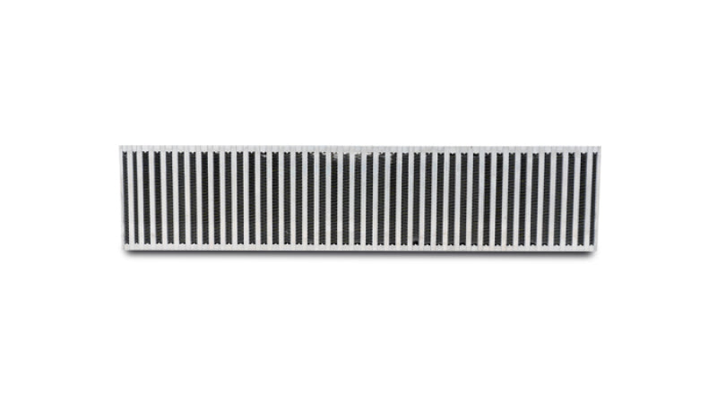 Vibrant vertical flow intercooler measuring 27 inches wide, 6 inches high, and 4.5 inches thick, with a vibrant color finish.