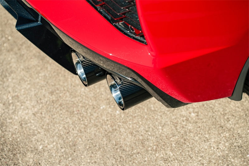 Corvette C8 2020-2025 catback exhaust by CORSA Performance with 3-inch valved design and polished 4.5-inch carbon fiber tips.