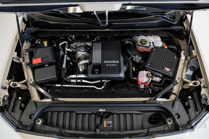 K&N 63 Series AirCharger cold air intake for 2020-2021 Chevrolet 1500 with L6-3.0 DSL engine, showing the intake filter and tubing.