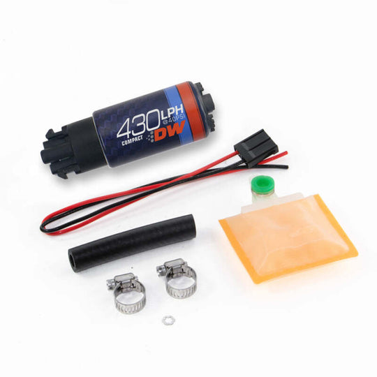 DeatschWerks Universal DW430C 430lph compact fuel pump with clips and install kit, shown with installation components.