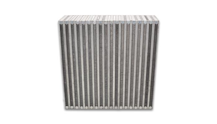 Vibrant vertical flow intercooler core with 12-inch width, 12-inch height, and 3.5-inch thickness, designed for high-performance cooling.