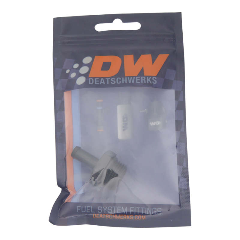 DeatschWerks matte black 8AN ORB male to 5/16-inch male barb fitting with O-ring for fuel or fluid connections.