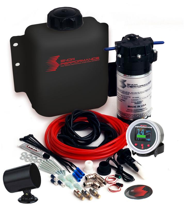 Snow Performance Stage 2 Boost Cooler water methanol injection kit with SS braided line and 4AN fittings, installed in a vehicle engine bay.