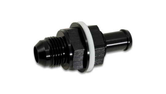 Vibrant bulkhead fuel cell adapter with -6AN male flare fitting and 3/8 inch barb for fuel line connections.