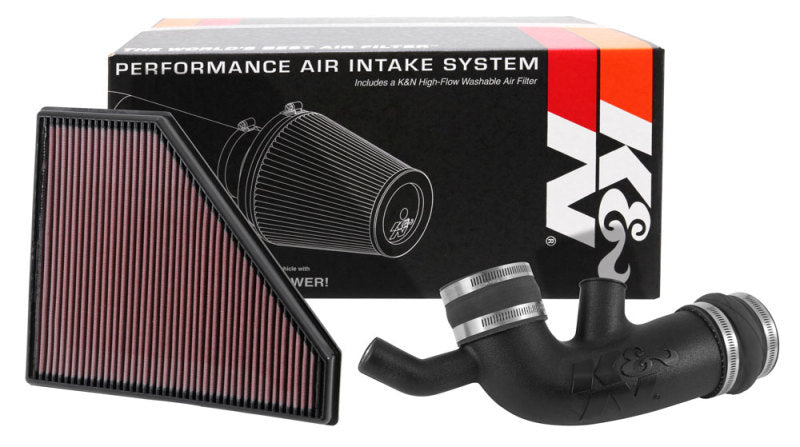 K&N Engineering cold air intake kit for 2016-2019 Chevrolet Camaro V6 3.6L engine, includes intake tube and filter components