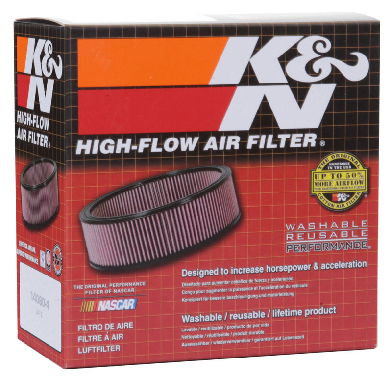 K&N Engineering round custom air filter with 5-7/8 inch outer diameter and 4-7/8 inch inner diameter for drop-in replacement.