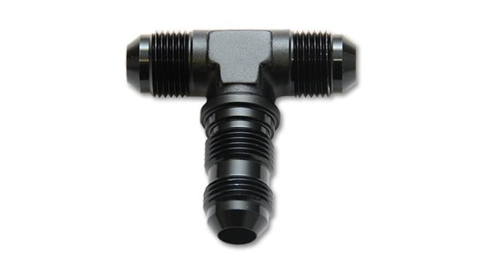 Vibrant black anodized bulkhead adapter tee fitting for custom plumbing or fluid systems, featuring three connection points.