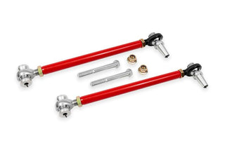 BMR Suspension red Chevrolet Camaro double adjustable front lower control arms with rod ends for enhanced handling and performance.