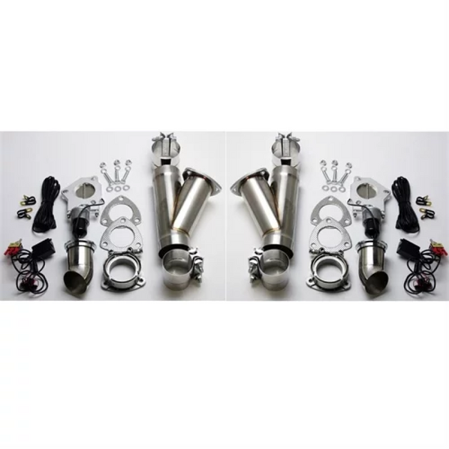 Granatelli Motor Sports stainless steel 3-inch electronic dual exhaust cutout with slip fit and band clamp, showing the cutout assembly