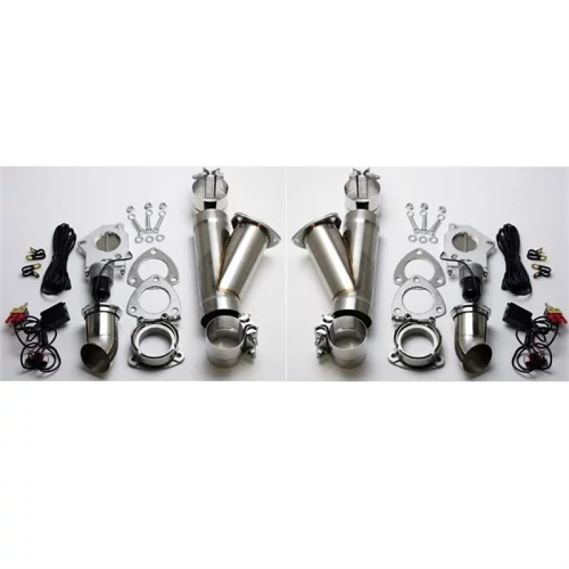 Granatelli Motor Sports stainless steel 3-inch electronic dual exhaust cutout with slip fit and band clamp, showing the cutout assembly