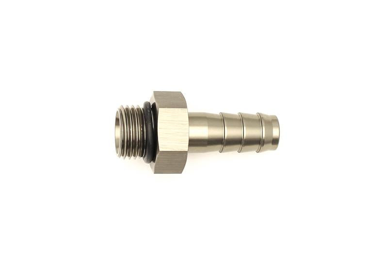 DeatschWerks 6AN ORB male to 3/8 inch male triple barb fitting with O-ring for fuel or oil lines, showing the fitting's detailed design.