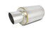 Vibrant TPV Turbo Round Muffler with 17-inch length, 4-inch round tip, and 3-inch inlet diameter, featuring angle cut design.