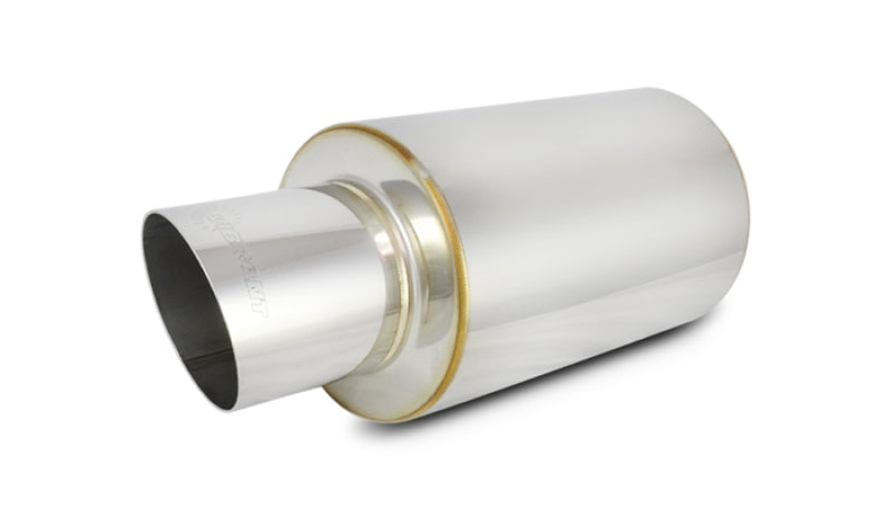 Vibrant TPV Turbo Round Muffler with 17-inch length, 4-inch round tip, and 3-inch inlet diameter, featuring angle cut design.