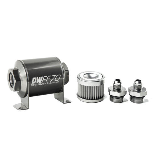 DeatschWerks stainless steel 6AN inline fuel filter housing kit with 10-micron filter, 70mm size for automotive fuel systems