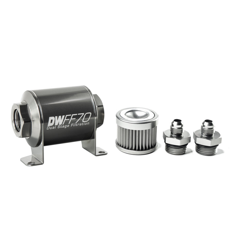 DeatschWerks stainless steel 6AN inline fuel filter housing kit with 10-micron filter, 70mm size for automotive fuel systems