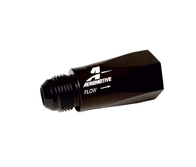 Aeromotive in-line full flow check valve with male -10 AN inlet and female -10 AN outlet, designed for fuel system applications.