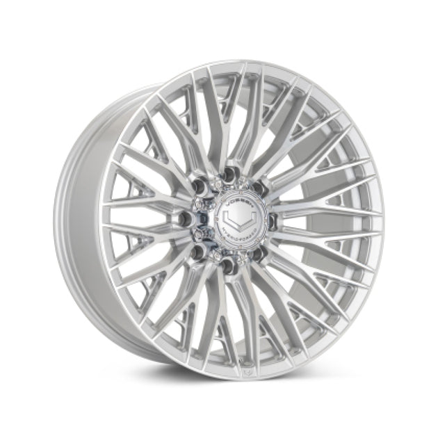 Vossen HFX-6 forged 18x9 silver polished wheel with 6x139.7 bolt pattern, super deep face, ET0 offset, and 106.1 bore.