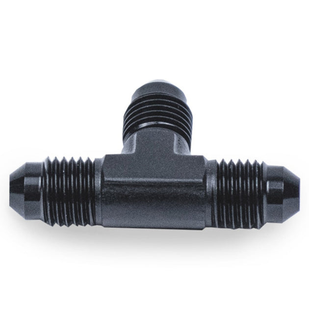 Black Snow Performance 4AN T fitting for fuel and fluid lines, durable metal fitting with threaded connections.
