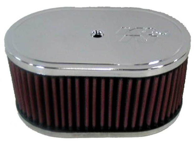 K&N Engineering custom oval race air filter, 7-inch long, 4-inch wide, 3.25-inch high, direct fit for performance vehicles.