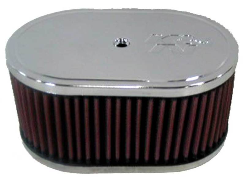 K&N Engineering custom oval race air filter, 7-inch long, 4-inch wide, 3.25-inch high, direct fit for performance vehicles.