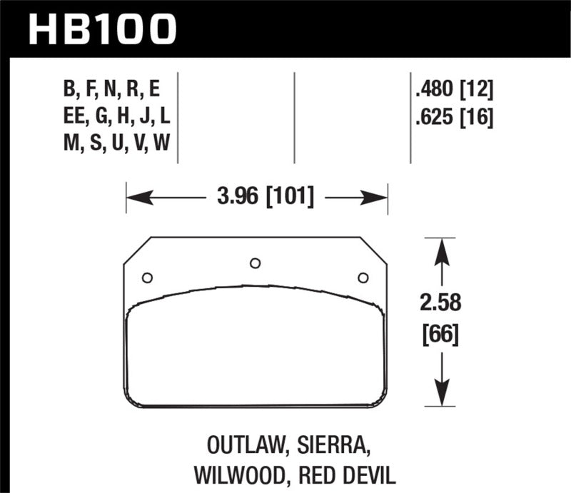 Hawk Performance Wilwood DL/Outlaw/Sierra 12mm HPS 5.0 street brake pads for performance braking systems, showing the brake pad design.