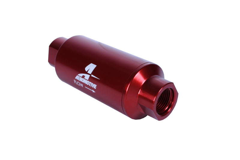 Aeromotive AN-10 inline fuel filter with 10 micron microglass element and red anodized finish, designed for vehicle fuel systems.