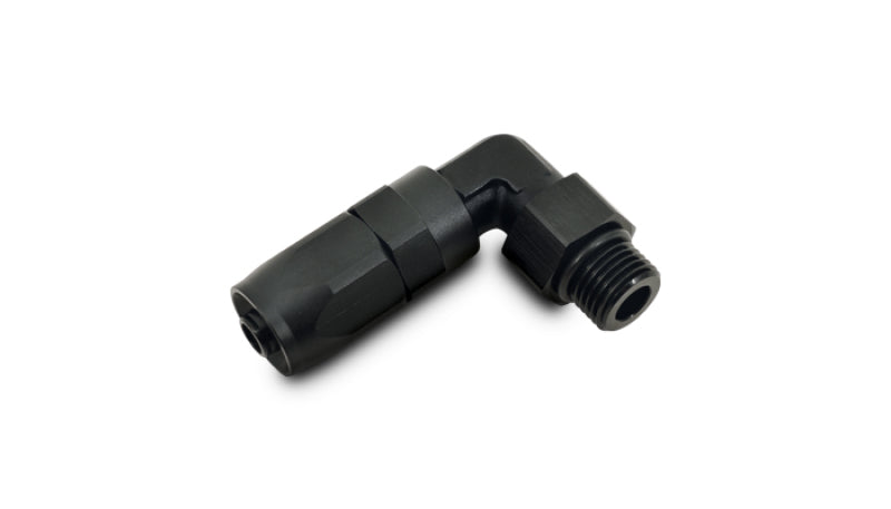 Vibrant Male -6AN 90 Degree Hose End Fitting with 3/4-16 thread, shown in black, for high-performance fluid connections.