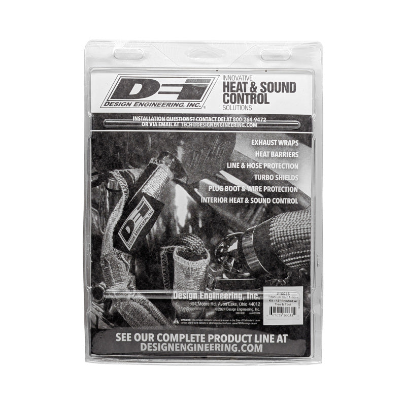 DEI Titanium 4-inch knit exhaust wrap sleeve, 12 inches long, designed for high-performance vehicle exhaust systems.
