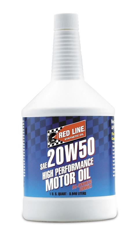 Red Line 20W50 motor oil quart bottle, high-performance motor oil for engine lubrication and protection.