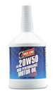 Red Line 20W50 motor oil quart bottle, high-performance motor oil for engine lubrication and protection.