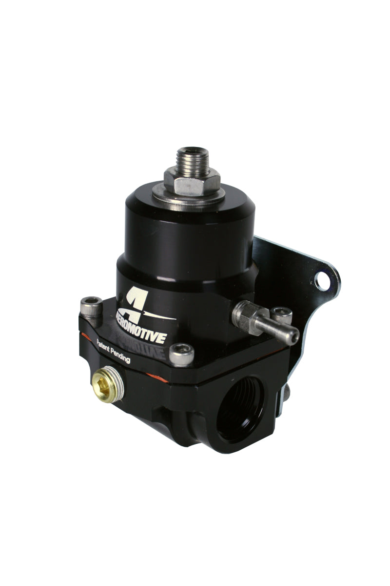 Aeromotive A1000 adjustable EFI fuel pressure regulator with dual -8 inlet and -6 return ports, mounted on a metal bracket.