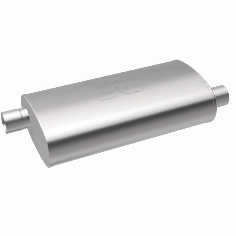 MagnaFlow Mag SS muffler with 22x5x11 inch dimensions, featuring a 3x3 offset inlet and outlet, shown from an angle.
