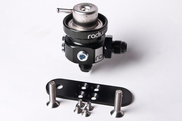 Radium Engineering fuel pressure regulator with 3 bar Bosch fuel pressure regulator, featuring metallic body and adjustable fittings.